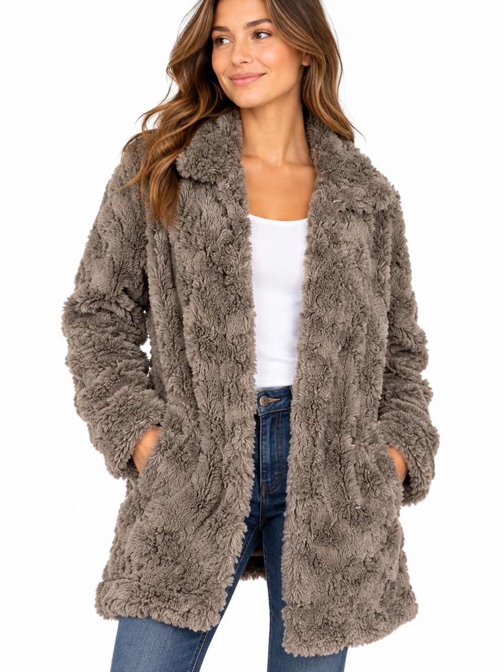 ANTHROPOLOGIE/DYLAN True Grit Plush Faux Fur Teddy Coat Taupe Brown Small